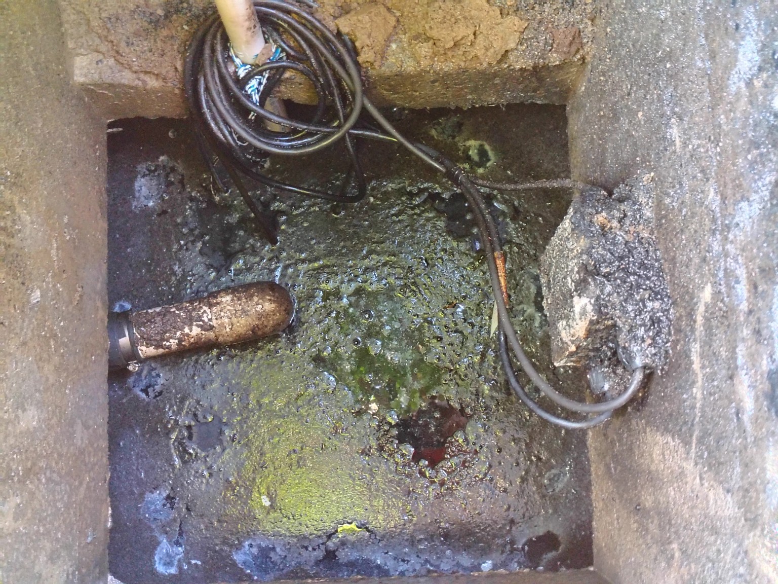 Close inspection view of the pump chamber floor, discharge connection and cable condition
